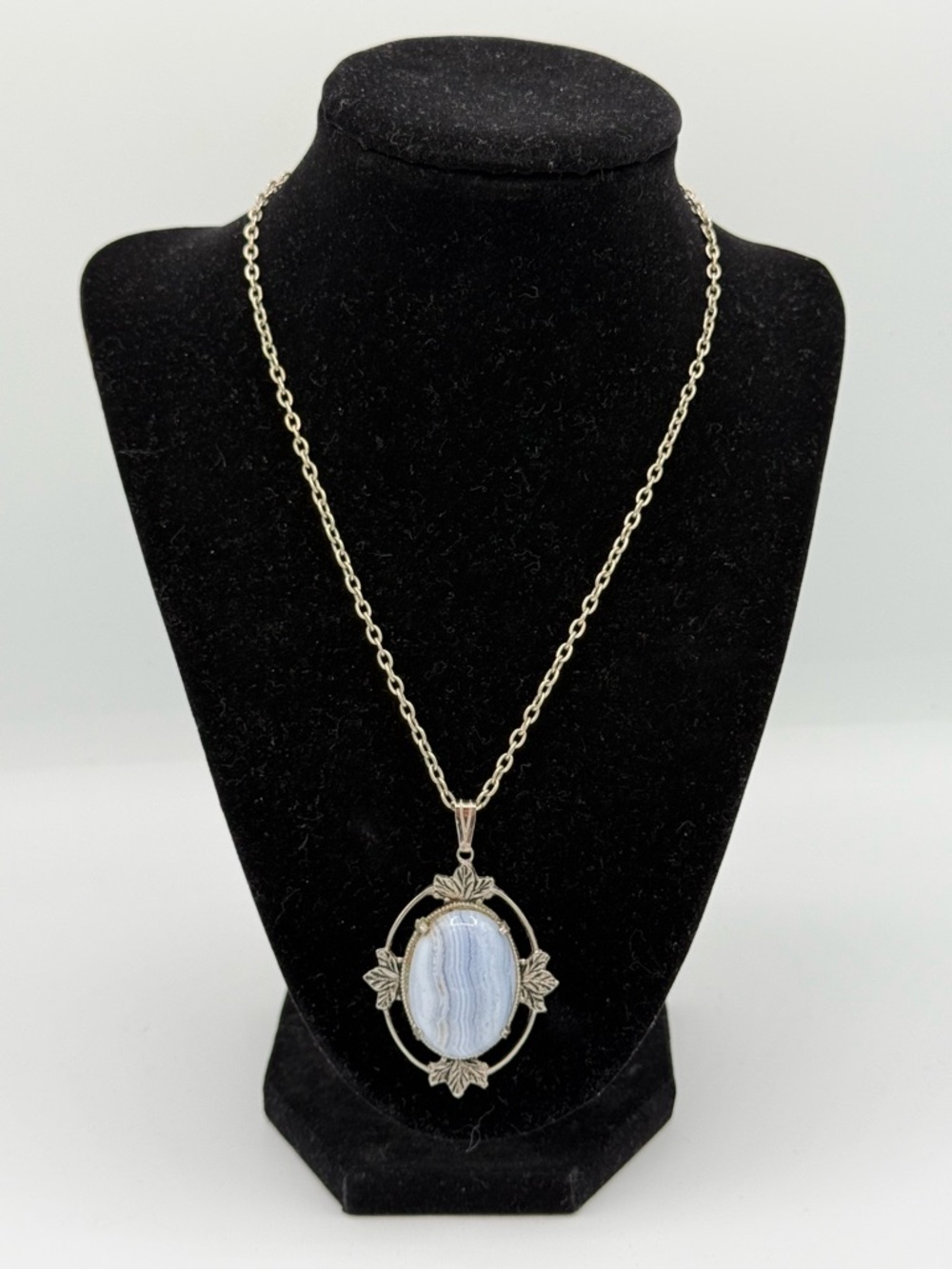 Silver Blue Lace Agate Pendant Necklace